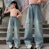 Girls Cargo Jeans Kids Wide-legged Denim Pants Teenagers Fashion Streetwear Loose Trousers Children Casual Clothes 5-12Y
