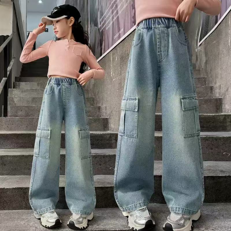 Girls Cargo Jeans Kids Wide-legged Denim Pants Teenagers Fashion Streetwear Loose Trousers Children Casual Clothes 5-12Y