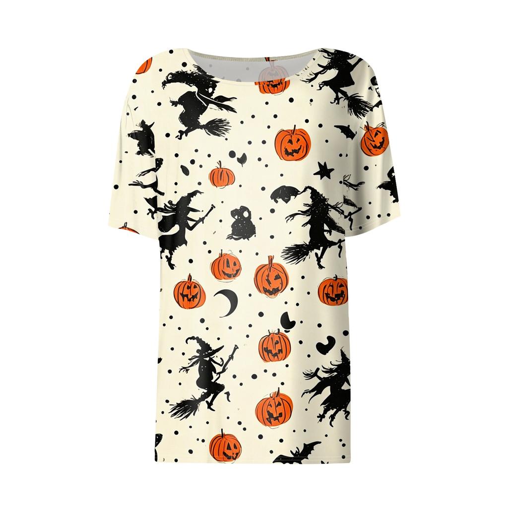 Women's Casual Short Sleeve Pullover Top Halloween Pumpkin Bat Print Round Neck Fashionable Relaxed Fit Shirt for Everyday Wear
