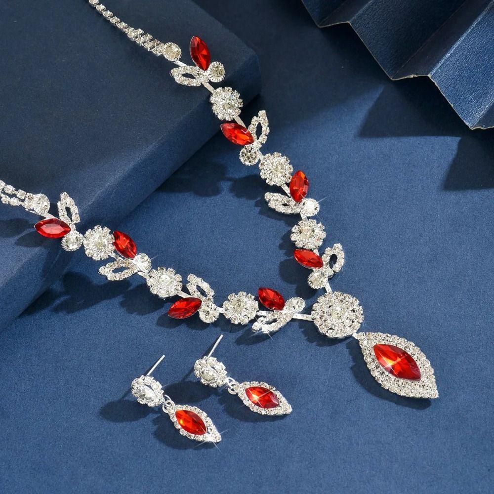 Rhombus Necklace Earrings Three-piece Set Fringed Luxury Rhinestone Jewelry Wedding