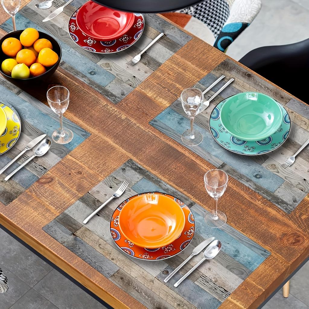 4/6pcs Farmhouse Wood Grain Placemats Set, Retro Barn Wood Grain Placemat, Rustic Cottage Style Heat Resistant Washable Placemats for Restaurant