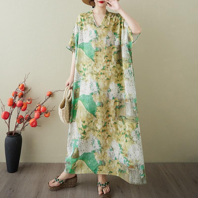 Short Sleeve Plus Size Cotton Vintage Floral New In Dresses for Women Casual Loose Maxi Long Summer Dress