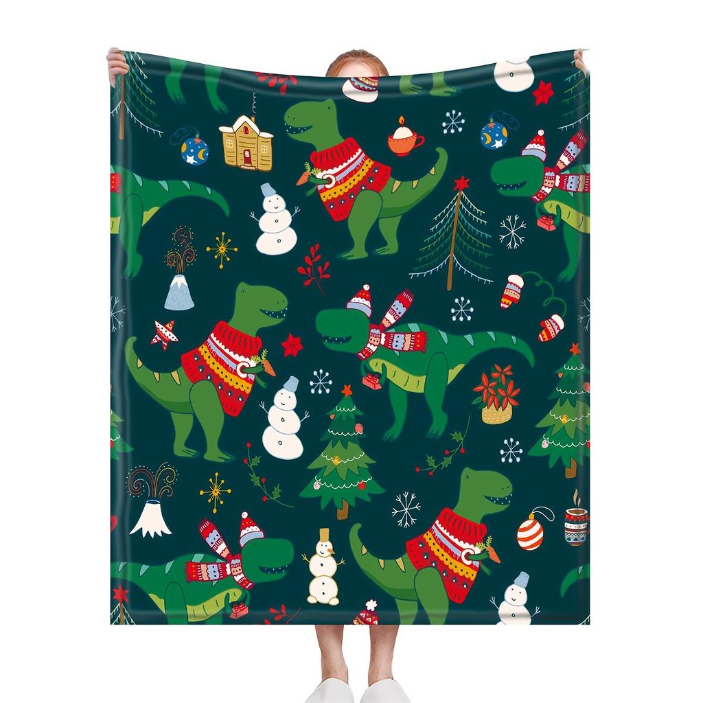 One Christmas dinosaur and snowman print blanket machine washable for all seasons sofa bed blanket home dcor camping as a gift.