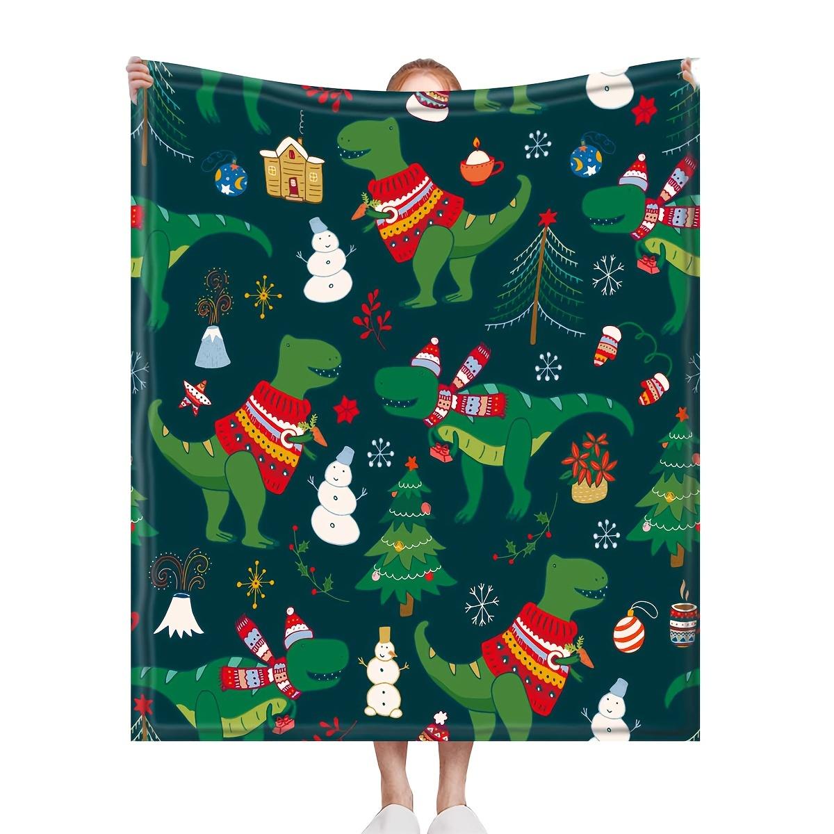 

One Christmas dinosaur and snowman print blanket machine washable for all seasons sofa bed blanket home décor camping as a gift. 30x40in