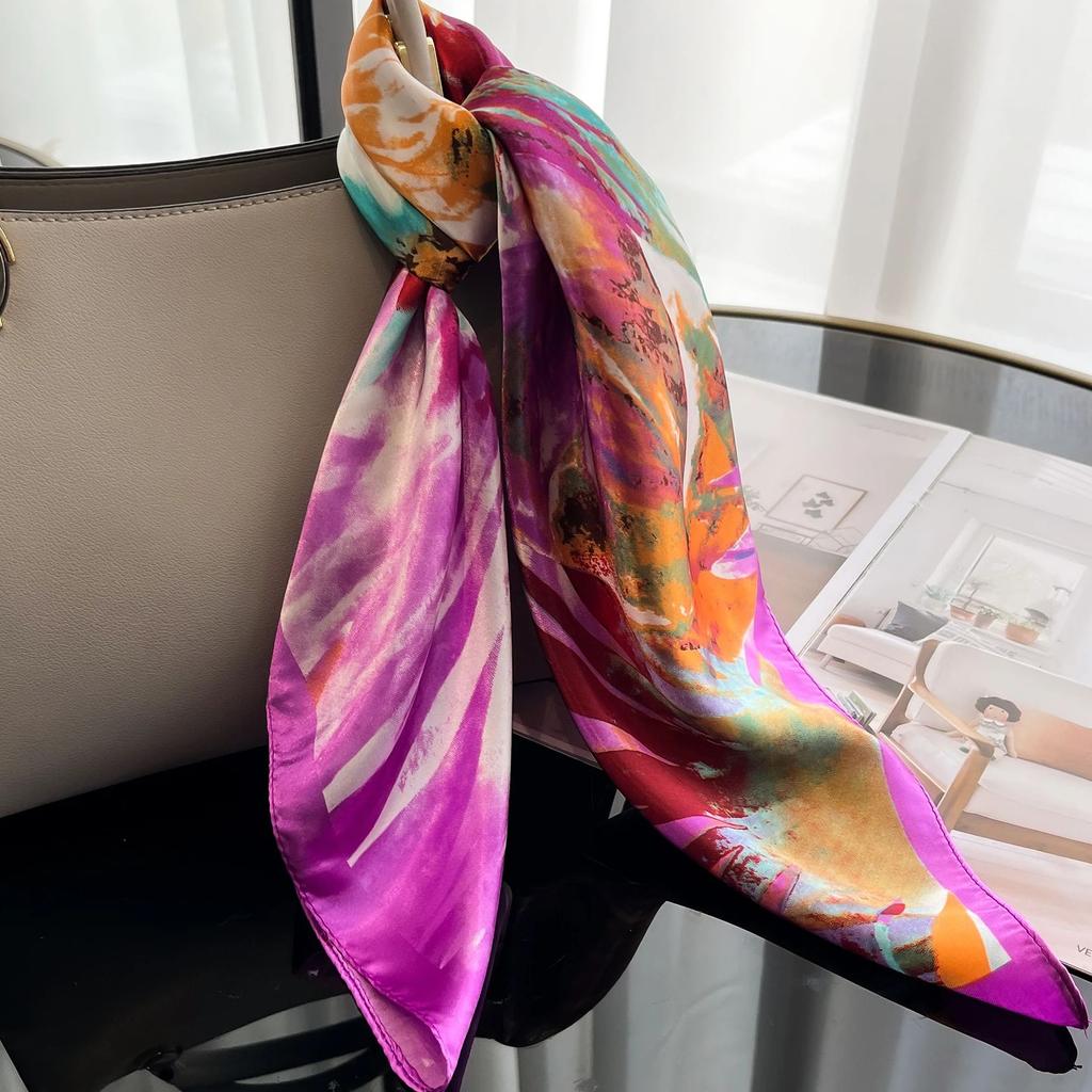 Luxury Silk Hair Square Scarf Women Satin Neck Tie Hand Wrist Foulard Summer Print Shawl Wraps Head Kerchief Hijab Bandana