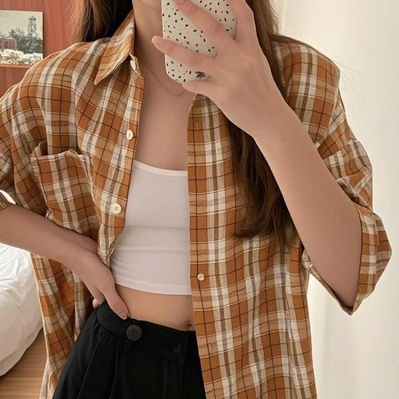 New Plaid Short Sleeved Shirt Japanese College Style Bloues Medium To Long, Sweet and Versatile Ladiese Shirts