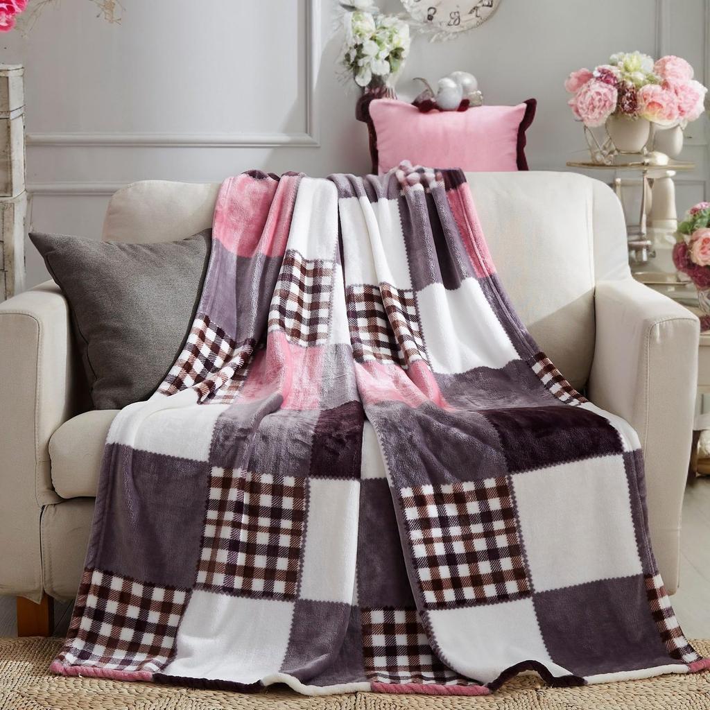 Patchwork Blanket Plush Lightweight Decorative Flannel Blanket for Sofa Travel Camping