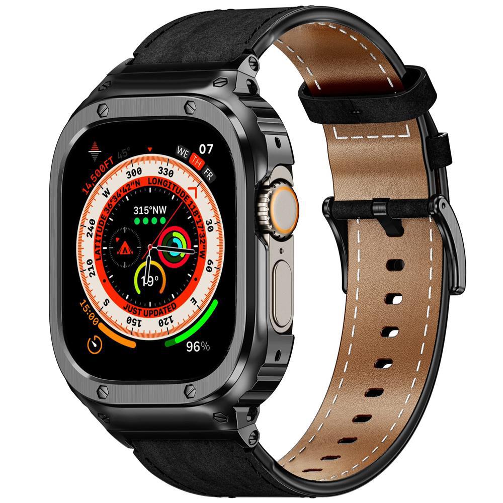 Metal Case+Genuine Leather Strap For Apple Watch Band 44mm 45mm 49mm 40mm 41mm 45 mm bracelet iwatch series se 8 7 6 5 4 ultra 2