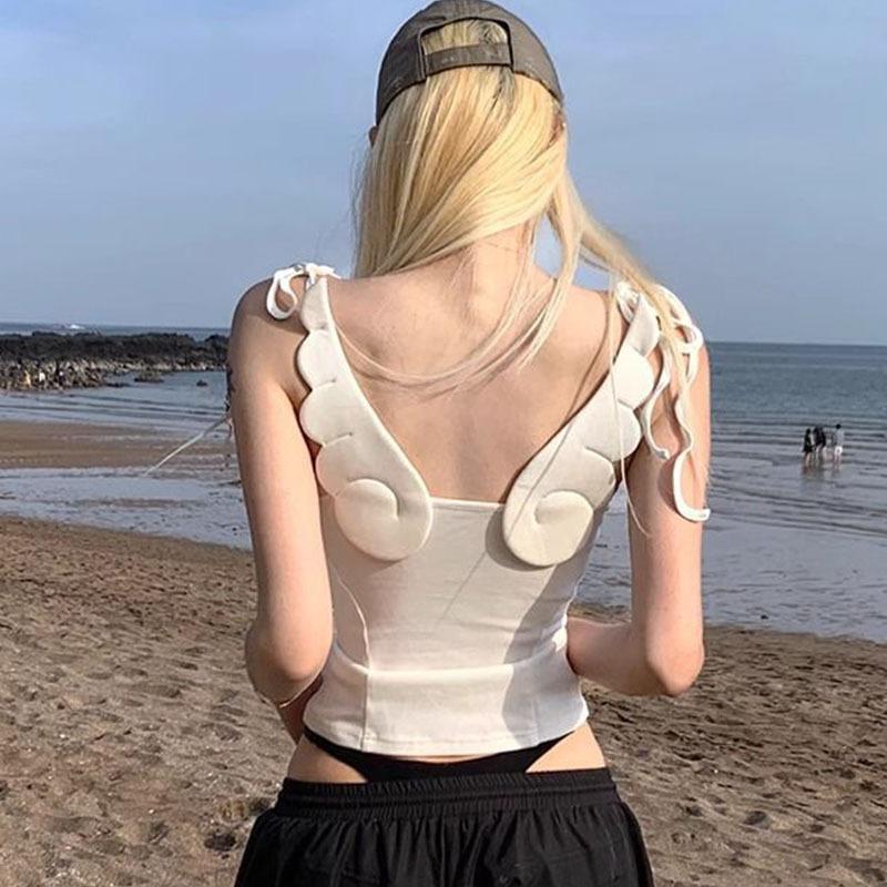 Sommer sexy einfarbig Engelsflügel Dekoration zum Schnüren Tanktop