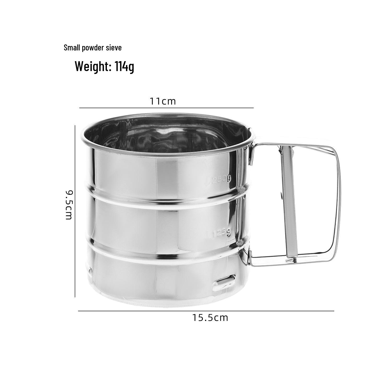 

Полуавтоматический просеиватель муки из нержавеющей стали с ручкой и двухслойной сеткой для выпечки сахарной пудры.