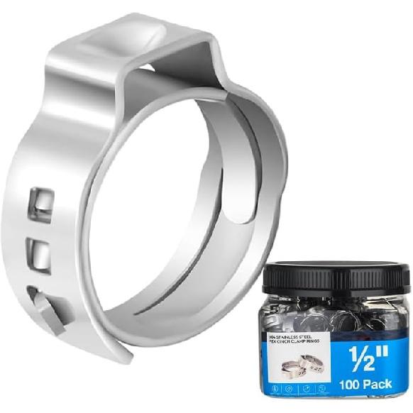 100 Pack 1/2 Inch Pex Cinch Clamp Rings,Premium 304 Stainless Steel PEX Crimp Ring,Pex Fitting Clamps Pinch Ring for PEX Tubing Pipe Fittings 1/2inch(100Pack)