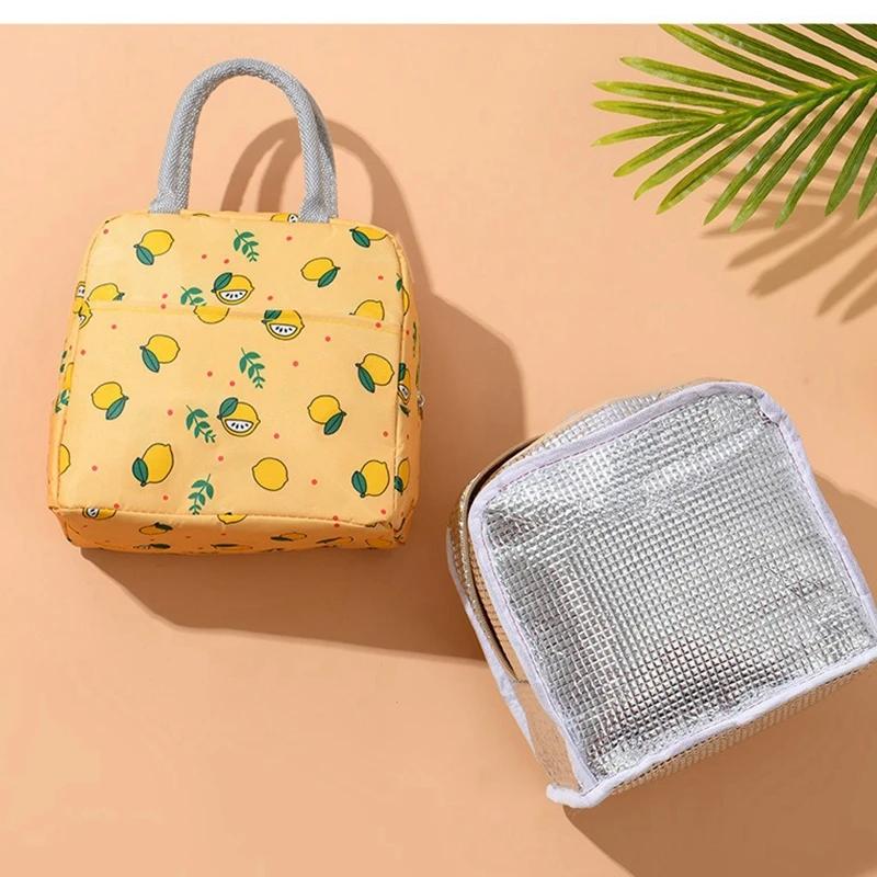 Lemon Printed Cooler Lunch Box Portable Insulated Aluminum Foil Canvas Lunch Bag Thermal Food Picnic Lunch Bags For Women Kids