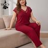 Conjunto de Pijama Casual Feminino Moda Primavera Verão Cor Sólida Estampa Manga Curta Decote V