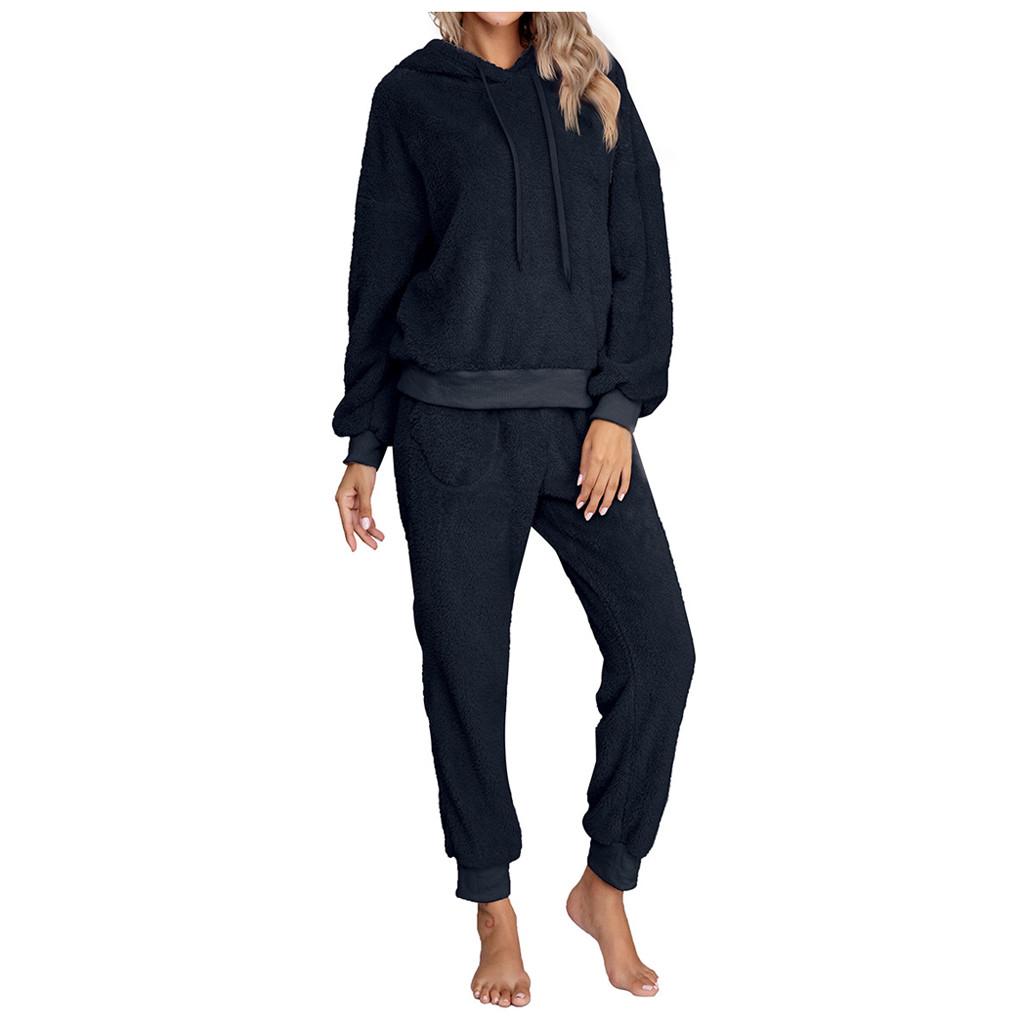 Women Fashion Casual Solid Pockets Plush Long Sleeve Long Pants Home Suit