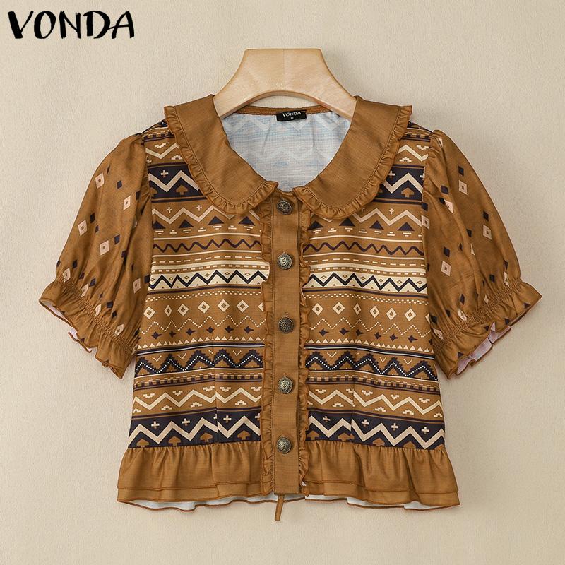 

VONDA Женская блузка с коротким рукавом, отложным воротником, приталенная, с этническим принтом, на пуговицах 5XL коричневый