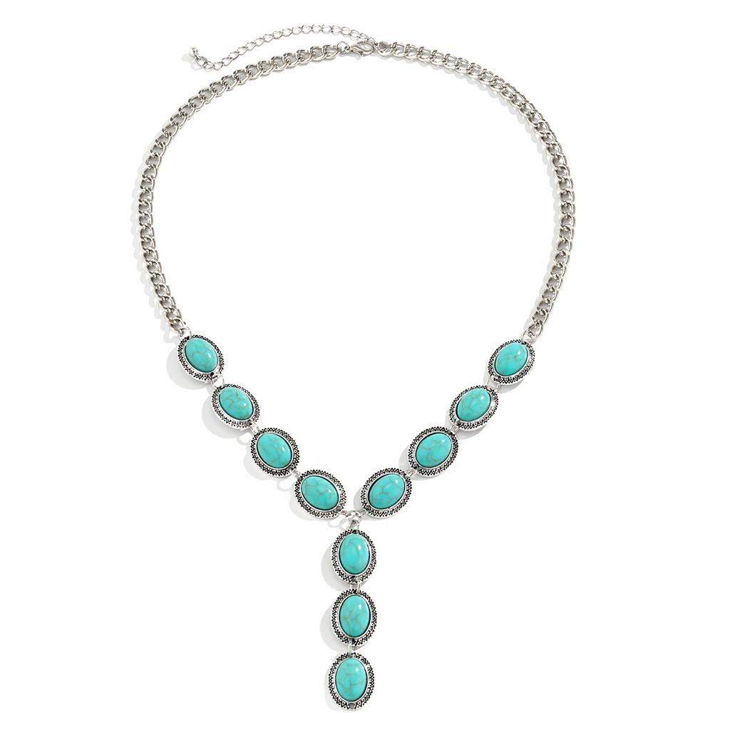 European and American Imitation Turquoise Cross Beaded Necklace, Retro Love Bow Pendant Collarbone Chain