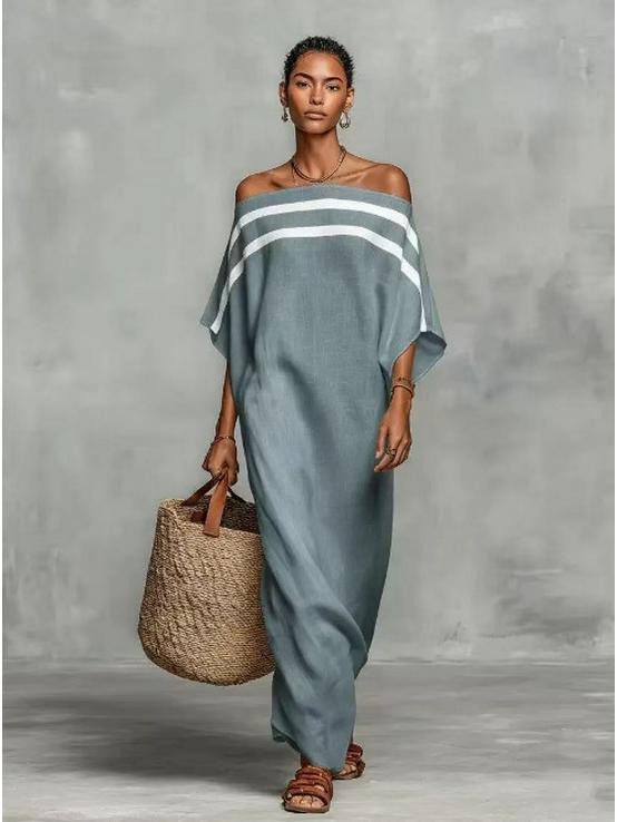 2026 Off-the-Shoulder Color Block Casual Long Dress for Vacations