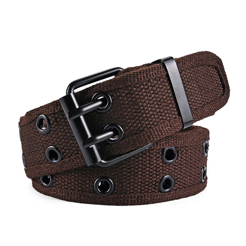 

Solid Color Casual Canvas Woven Belt Fashionable Double Round Buckle Hole Belt Versatile Men s Double Needle Buckle Belt