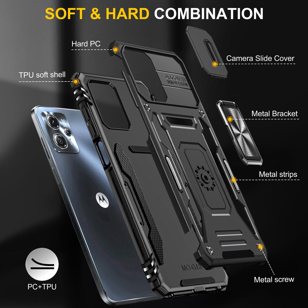 For Motorola Moto G23 4G/G13 4G Armor Series Metal Kickstand Cover Slide Lens Lid PC+TPU Phone Case