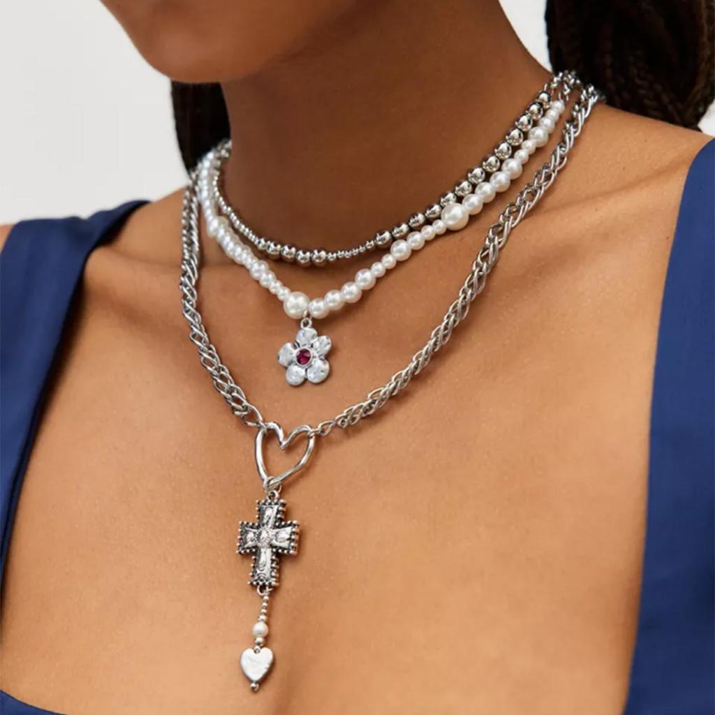 Gothic Cross Heart Pendant Necklace With Multilayer Pearl Design For Women And Men
