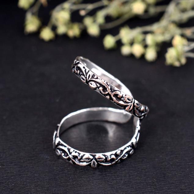 Oxidized Sterling Silver Double Band Ring | Adjustable Floral Scrollwork Wrap Ring | Unique Two-Finger Boho Statement Jewelry