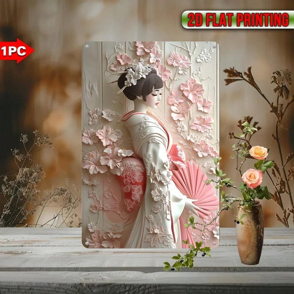 Iron Geisha Wall Art 8x12 Inch Weatherproof Metal Sign Vintage Japanese Decor Pre Drilled Holes UV Printed Tin Plate Indoor Outdoor