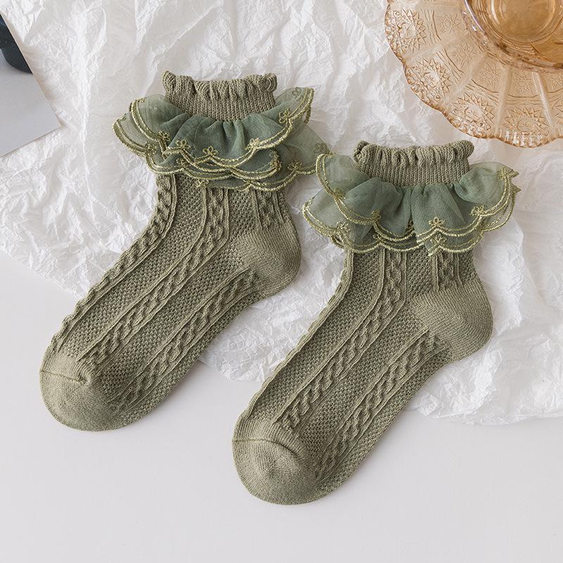 Lolita Lace Cotton Princess Socks for Girls - Black Dance Socks for Spring, Autumn, Winter