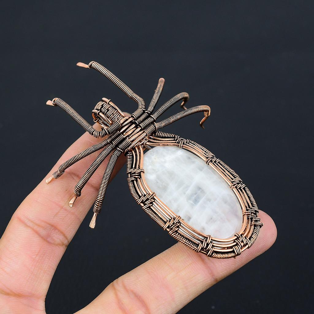Rainbow Moonstone Handmade Copper Wire Wrap Spider Pendant 2.56" K0v81