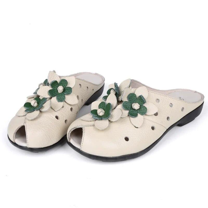 2026 Summer Genuine Leather Shoes Women Sandals Old Beijing Style Flat Shoes Tiny Flowers Shoes Black Red Plus Size 42