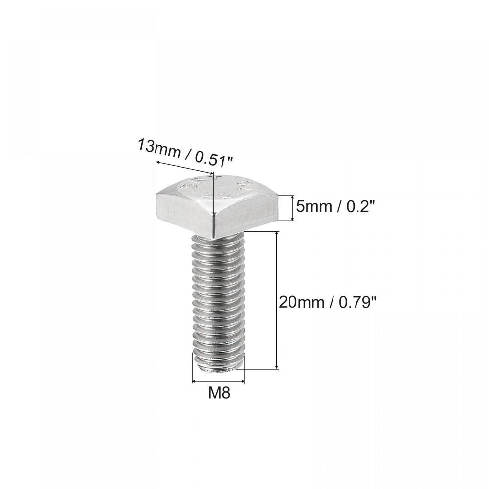 2pcs M8 X 20mm / M8 X 0.79" Square Head Bolt 304 Stainless Steel Fully Thread Machine Screws