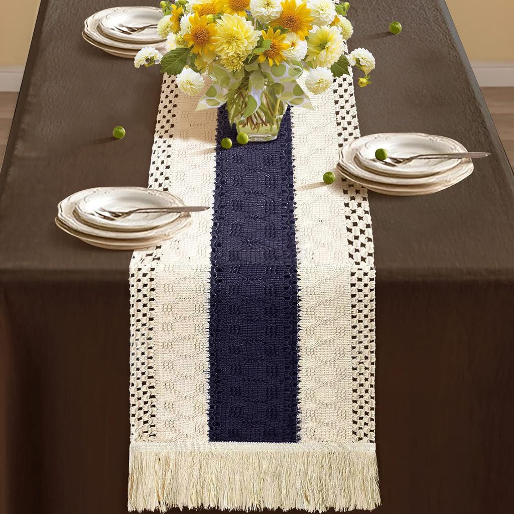 Cotton and Linen Splicing Table Flag Home Two-color Woven Tassel Tablecloth Natural Material Homestay Pastoral Decoration