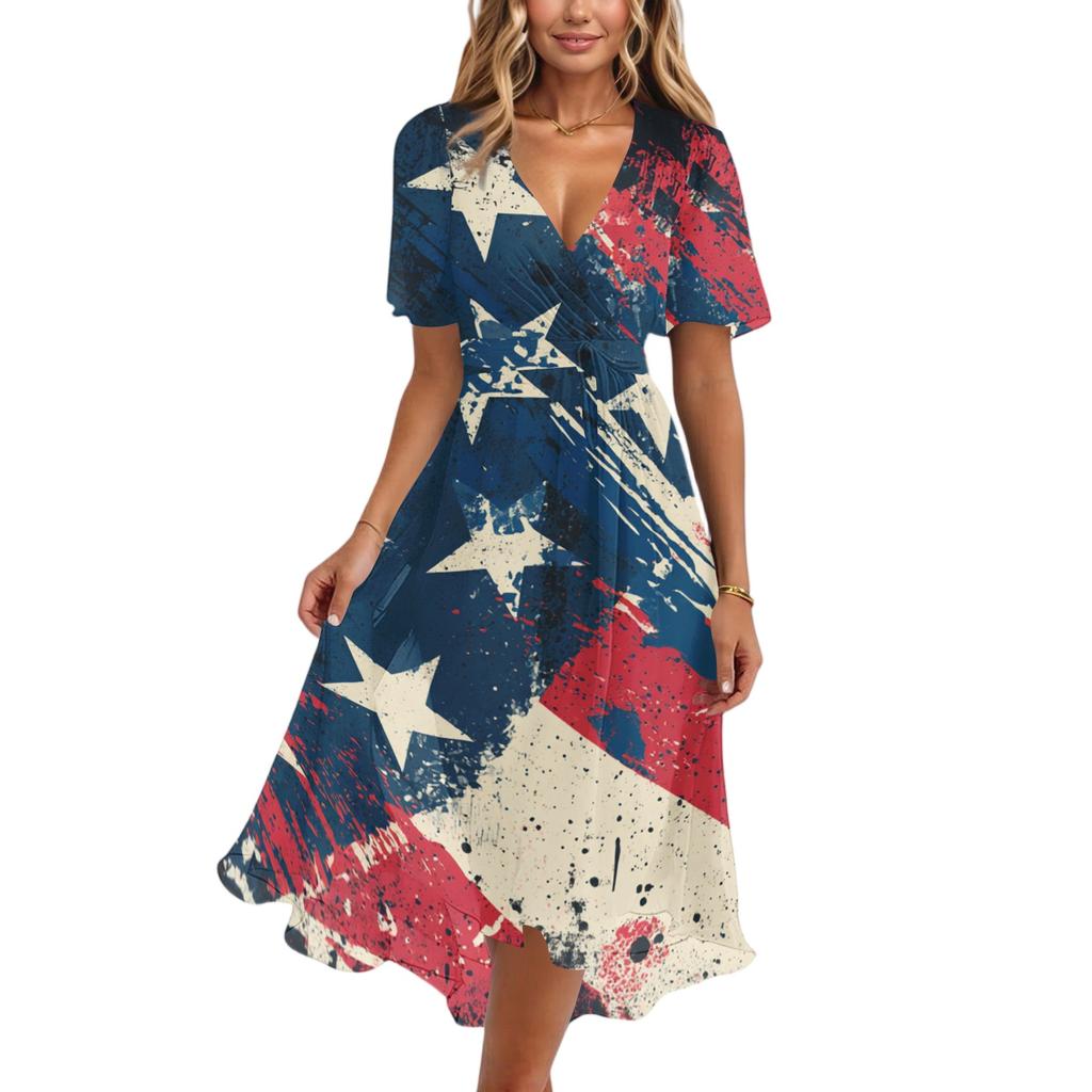 Women's Casual V-Neck Short-Sleeve Independence Day Print Dress