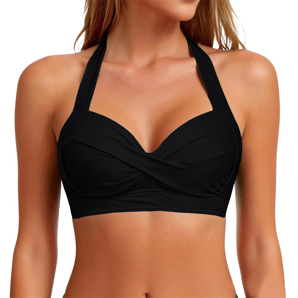 Women Neck Bikini Top Front Padded Swimwear Adjustable Back Strap Supportive Bathing Suit Top