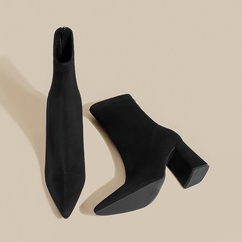 Autumn Pointed Toe Thick Heel Women Stretch Ankle Boots Fashion Elastic Slimming Female Short Booties