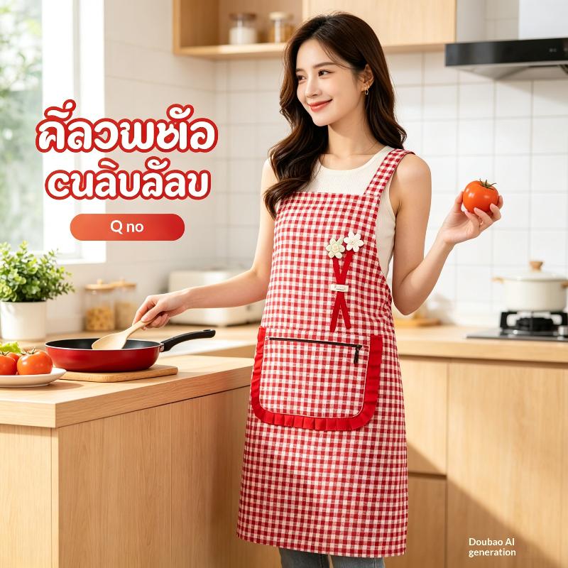 Black And White Checkered Apron With Cute Flower Decorations And Large Pockets.
