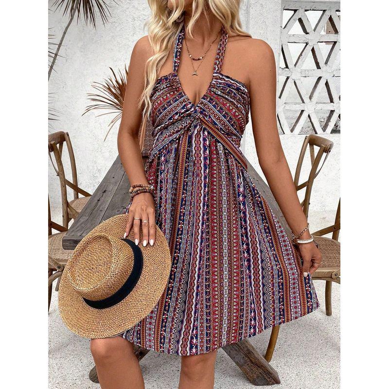 

Европейско-американский Летний Новый Сексуальный Глубокий V-образный вырез Винтажная Полоска Цветочный Принт Открытая Спина Халтер Юбка Пляжная Юбка Юбка Red Stripes(Figure) XL