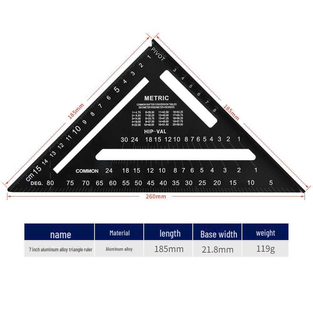 High-Precision Aluminum Triangle Ruler: 7-Inch Woodworking Tool, 12-Inch Metric & Imperial, 90° Right Angle Ruler
