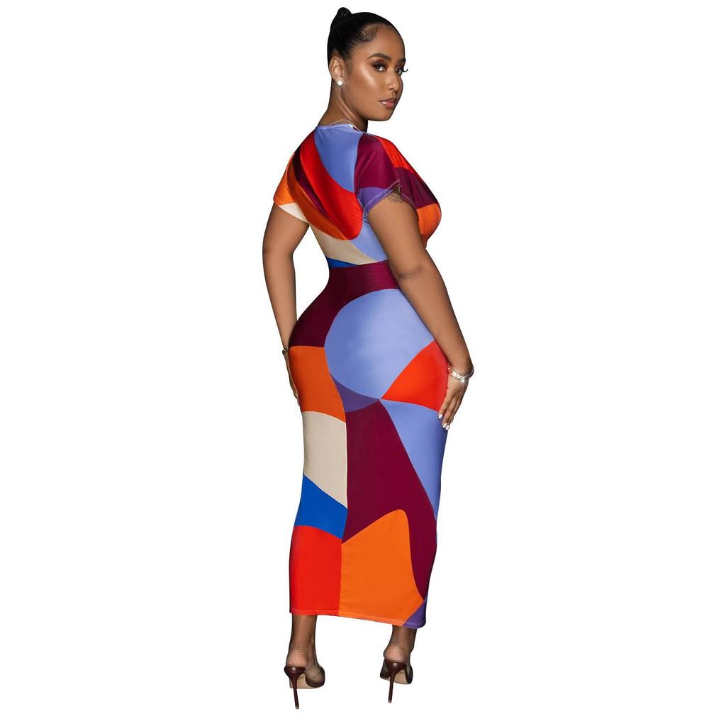 Women's European and American V-Neck Printed Slit Pleated Long Dress X6660