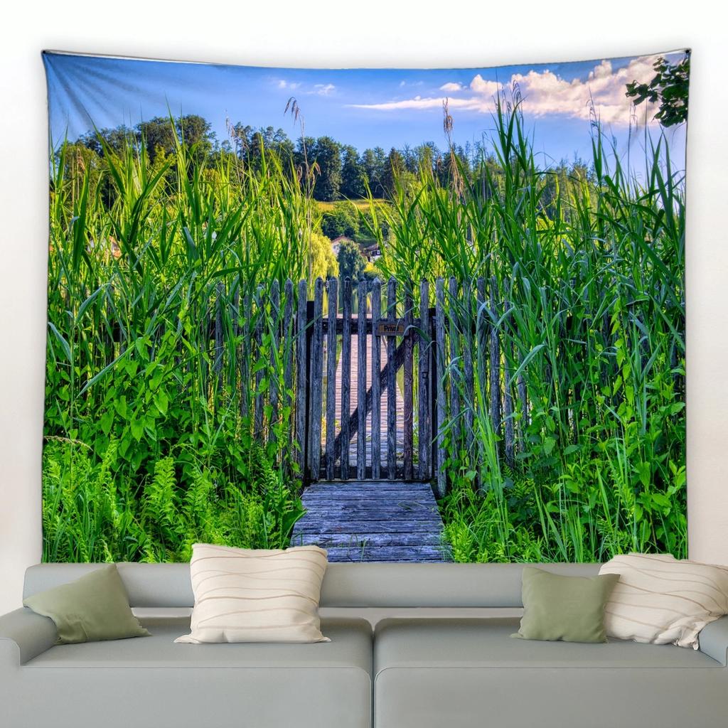 Spring Butterfly Flowers Tapestry Retro Wooden Fence Nature Pink Rose Plants Floral Wall Hanging Garden Home Decor Scenery Cloth
