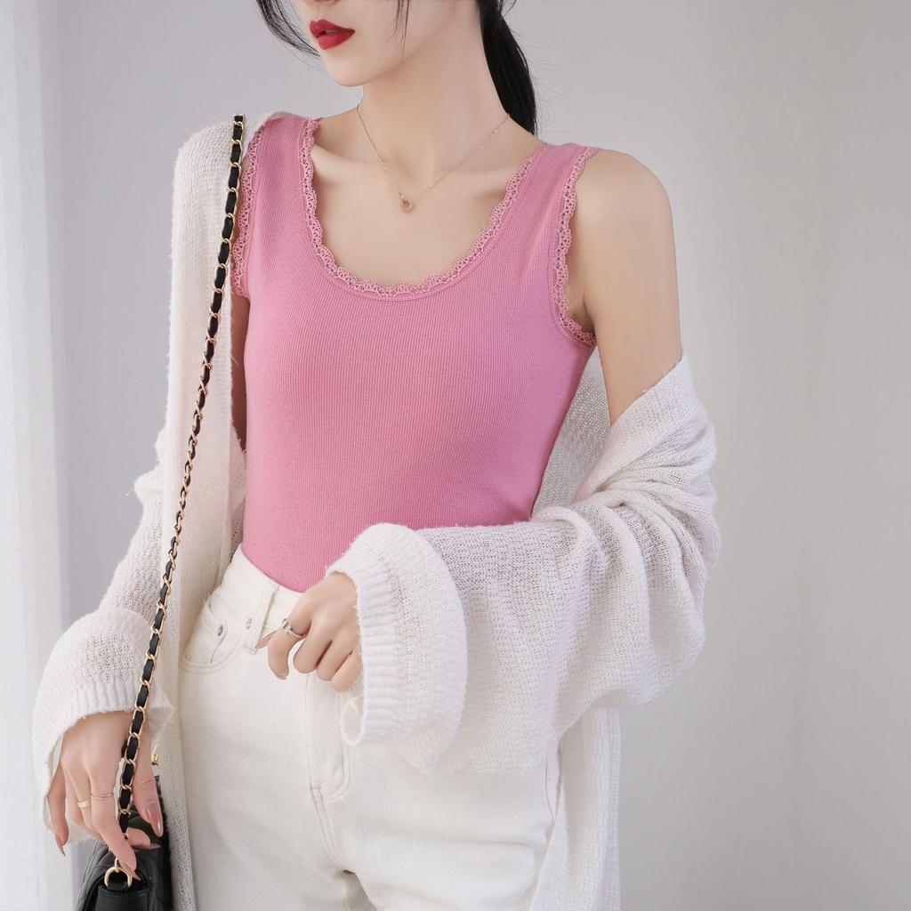 Spring & Summer Women's Lace Ribbed Cotton Tank: Slimming Plus-Size Sleeveless Round Neck Base Layer
