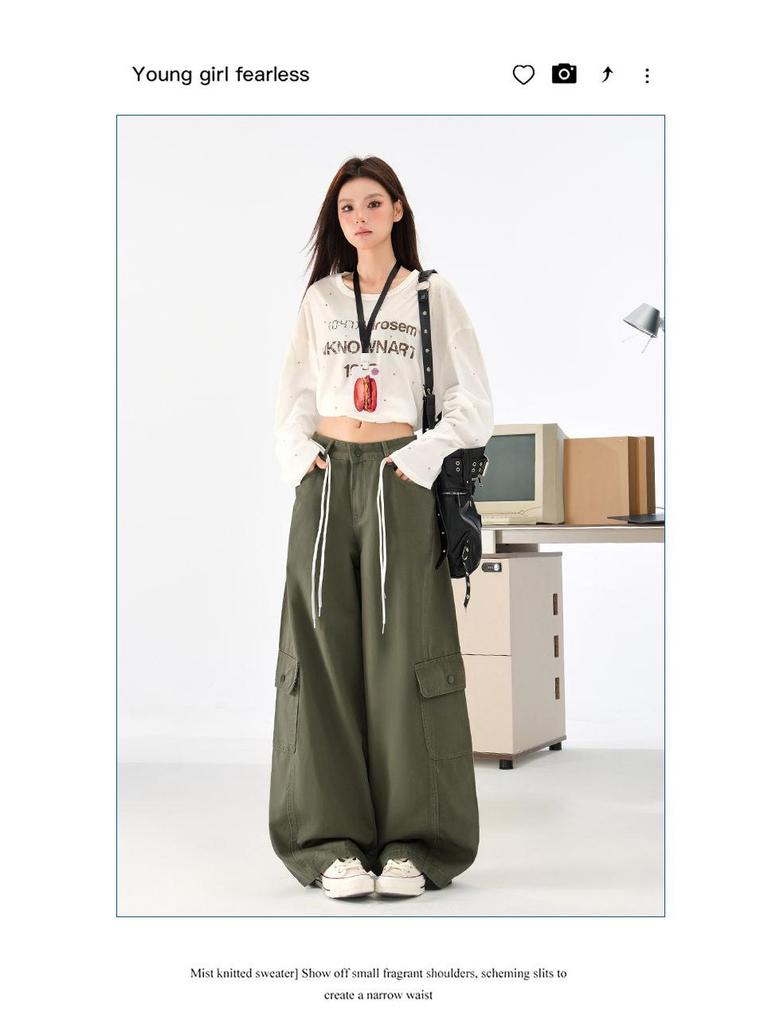 Women's Military Green Wide-Leg Jeans: Autumn Curved Knife Design, Loose Fit, Floor-Length Casual Workwear Pants.