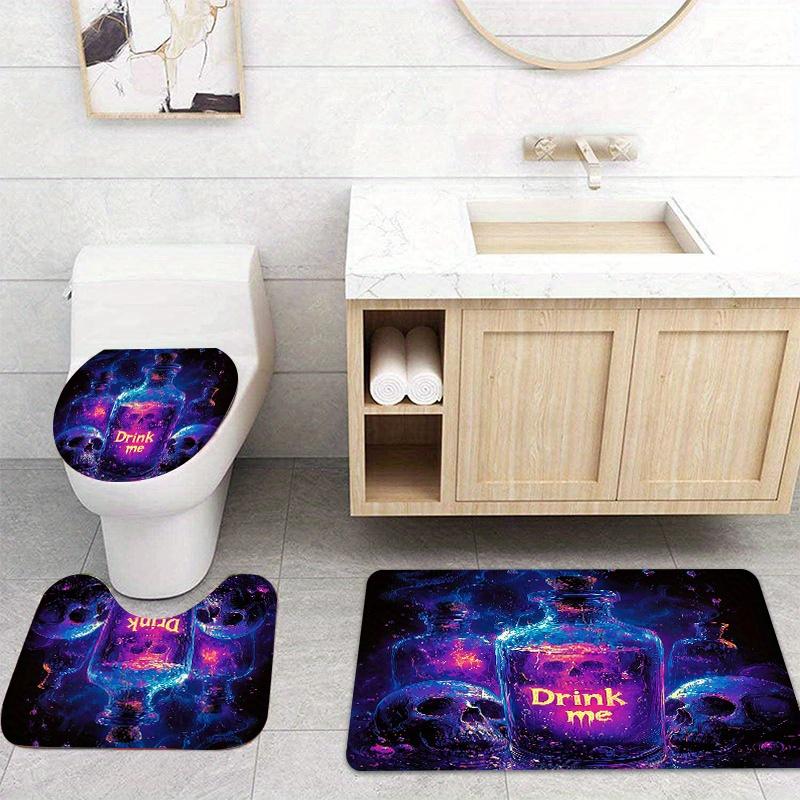 Fantasy Skull Shower Curtain Set - Gothic Potion And Skull Design, Polyester, Non-Slip Bath Mat, Toilet Seat Cover, U-Shaped Rug