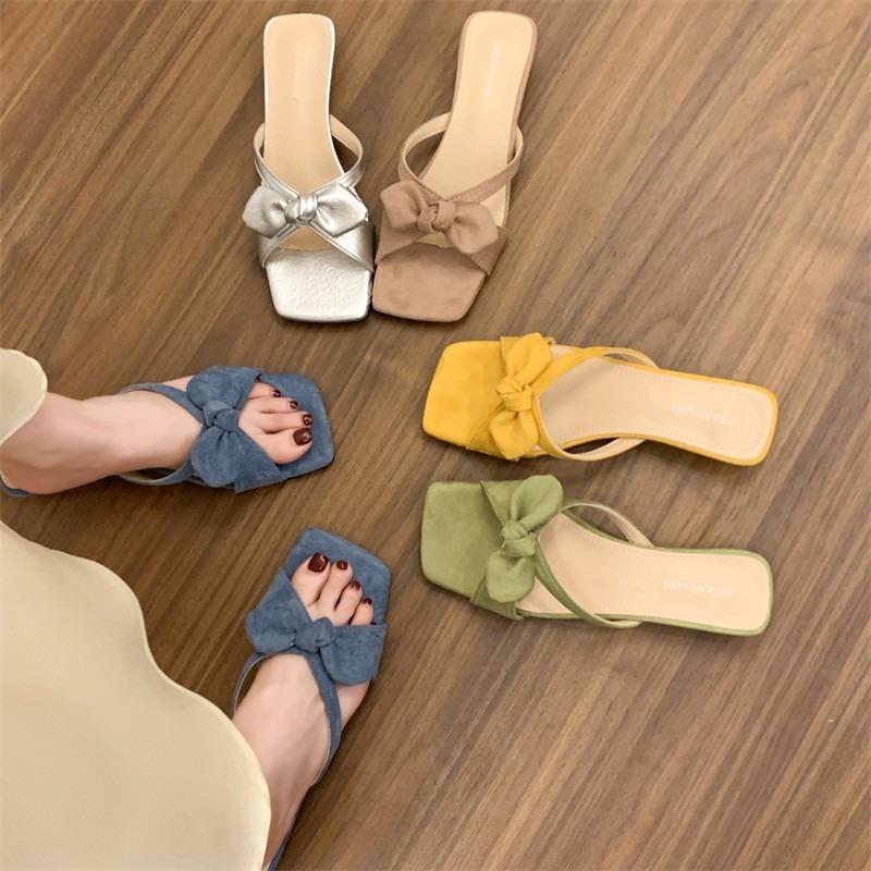 Bow Low Heel One-word Slippers Women's Summer New Square Head Open-toed Temperament Versatile Sandals