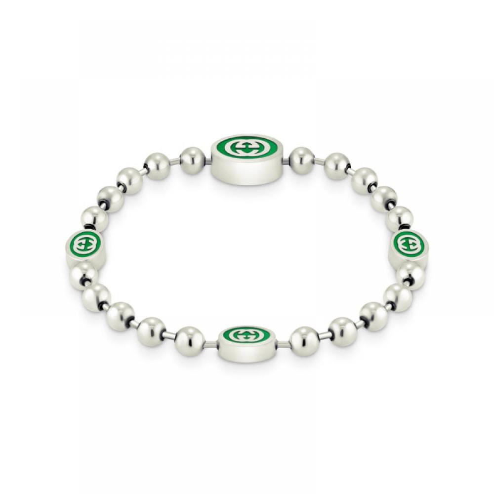 Gucci Yba701609001  701609 J8410 8414  InterlockinG G Enamel Ball Chain Silver Bracelet