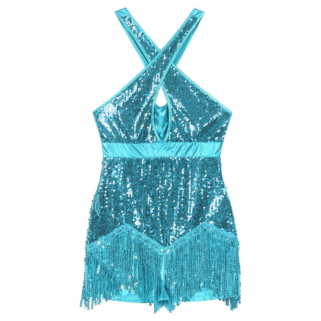 Ärmelloses, kreuz und quer verlaufendes, glänzendes Pailletten-Tanzkleid für Damen, lateinamerikanisches Tango-Salsa-Gymnastik-Trikot