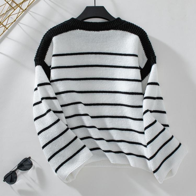 Vintage Stripe Cardigan Loose Knitwear Sweater Long Sleeve O Neck Top Autumn Winter