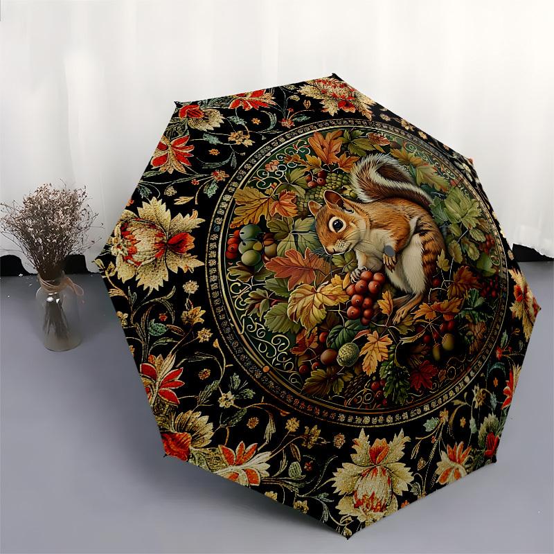 Squirrel, AutumnalThemed Automatic Opening and Closing Umbrella 8 Ribs, Suitable for Leisure and Going Out, Outdoor Accessory, Gothic Styl