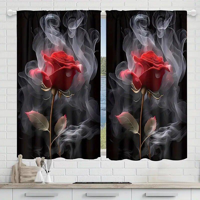 Set Of 2 Red Rose Flower Pattern Printed Curtains Window Decorations Home Room Curtain Made Polyester