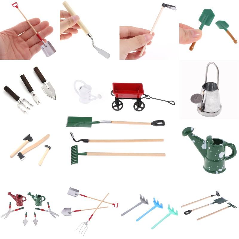 1/12 Dollhouse Miniature Simulation Hoe Farm Axe Spade Shovel Hoe Rake Watering Pot Hammer Farm Gardening Tools Accessories Set