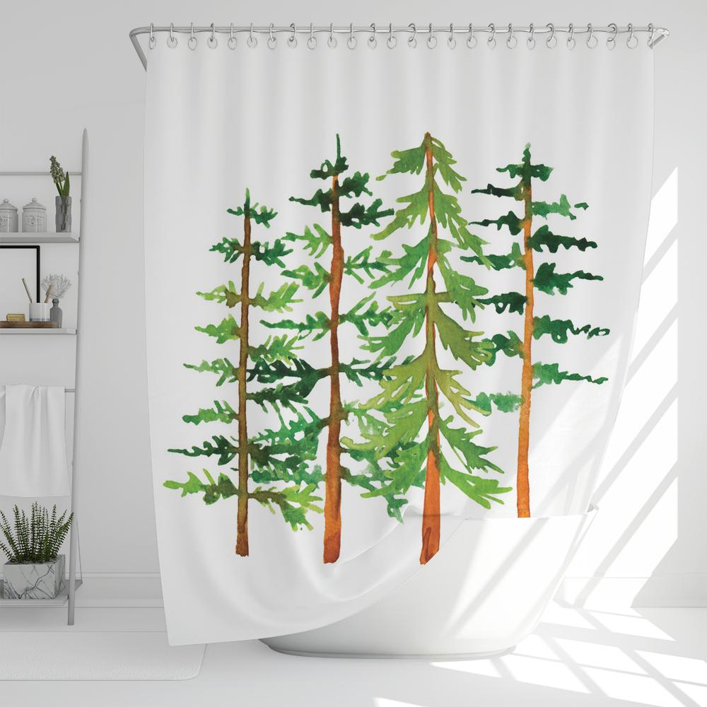 

1 Pcs Nordic simple green plant waterproof shower curtain, Christmas tree bathroom decoration curtain, with plastic hooks W90xH180cm